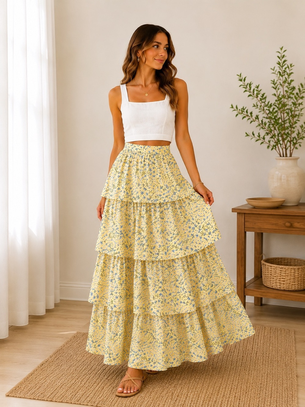 Abercrombie & Fitch Floral Tiered Ruffle Maxi Skirt | Yellow & Blue | Size S
